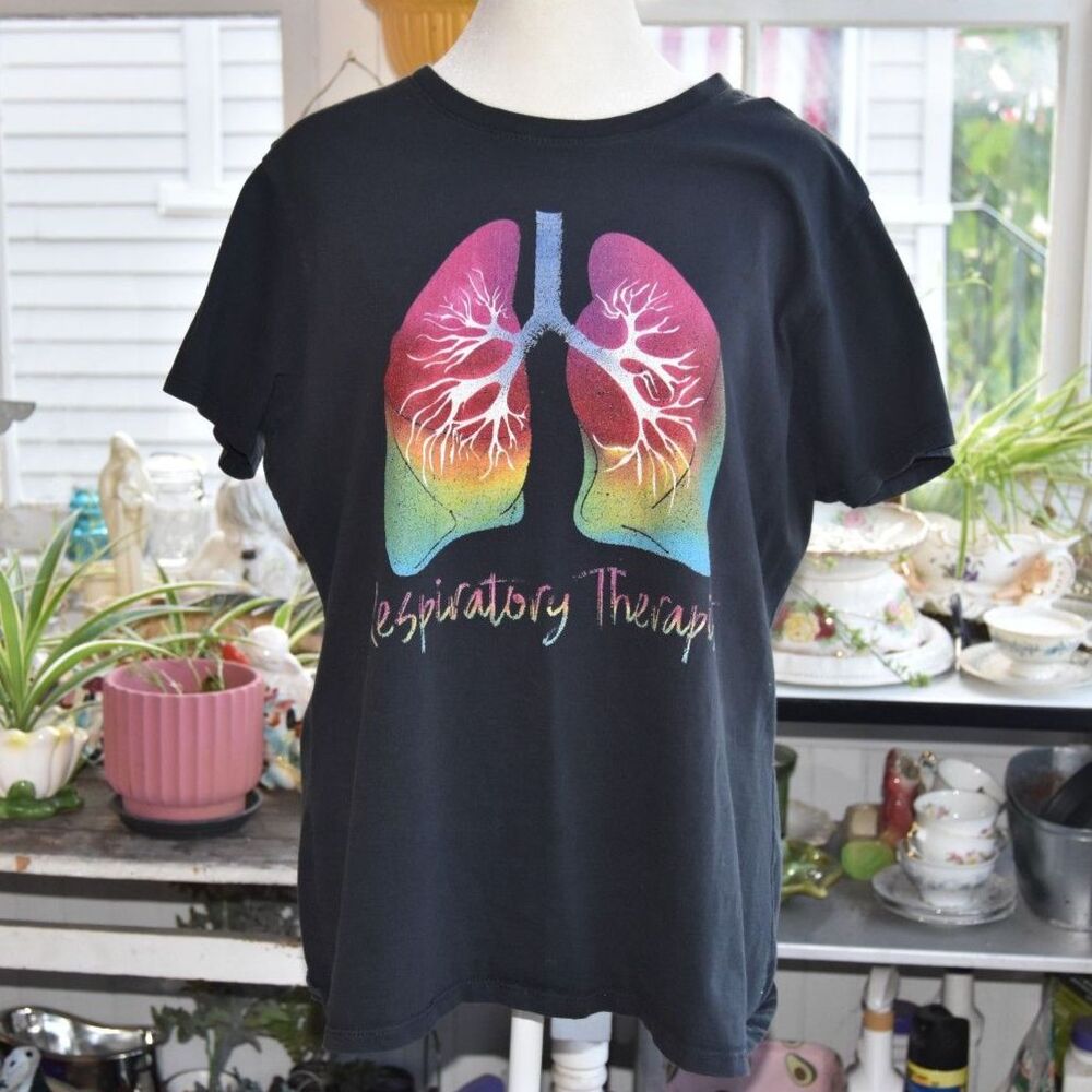 Respiratory Therapist Lungs Graphic T Shirt Women’s XL Black Cotton Rainbow